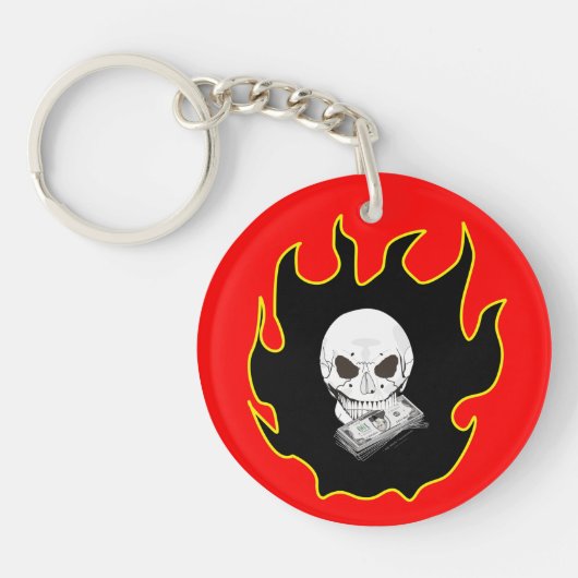 Skull Money Flame Death Red Black Fire Biker Keybo Sleutelhanger (Voorkant)