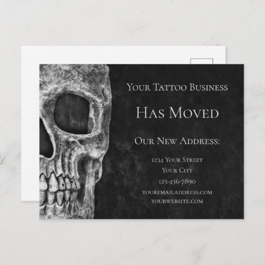 Skull Moving Gothic Black and White Tattoo Shop Uitnodiging Briefkaart (Voorkant / Achterkant)