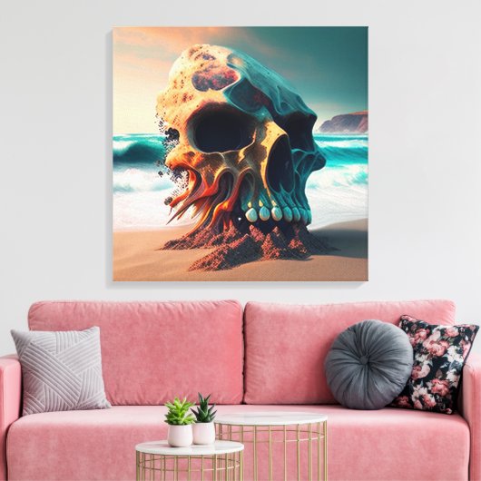 Skull on the beach canvas afdruk (Insitu (Woonkamer))