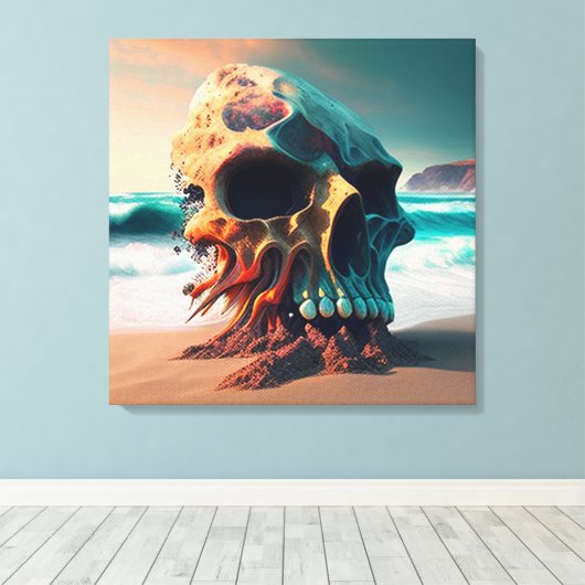 Skull on the beach canvas afdruk (Insitu (Houten vloer))