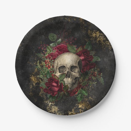 Skull onder Rozen Gothic Grunge Papieren Bordje (Voorkant)