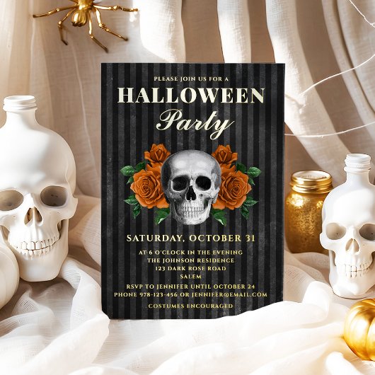 Skull Oranje Rozen Halloween Party Gold Folie Uitnodiging
