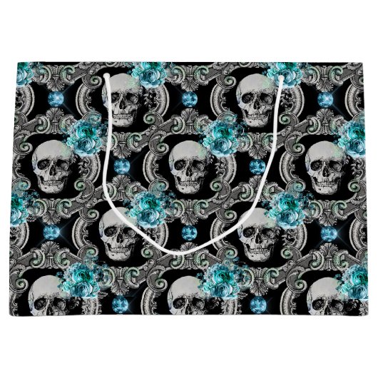 Skull Pattern Blue Floral Groot Cadeauzakje (Voorkant)