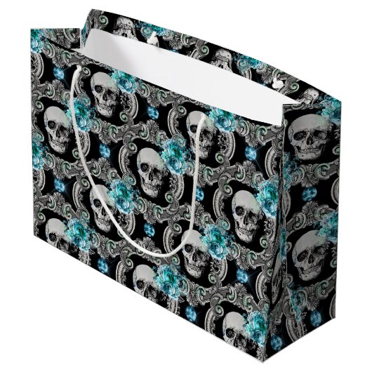Skull Pattern Blue Floral Groot Cadeauzakje (Achterkant Gekanteld)