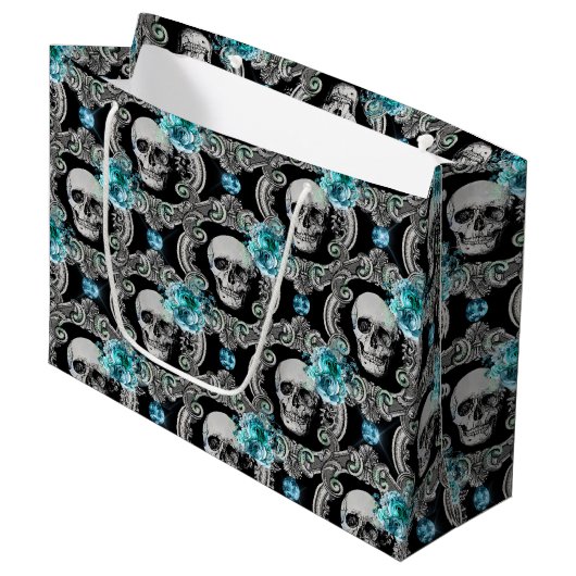 Skull Pattern Blue Floral Groot Cadeauzakje (Voorkant Gekanteld)