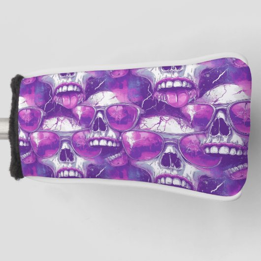 Skull Pattern Design met Paarse zonnebril Golfheadcover (Voorkant)