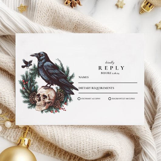 Skull & Pine Raven Gothic Wedding RSVP Kaartje