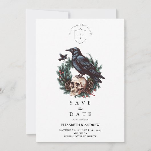Skull & Pine Raven Gothic Wedding Save The Date (Voorkant)