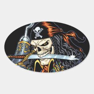 Skull Pirate met zwaard en haak door Al Rio Ovale Sticker
