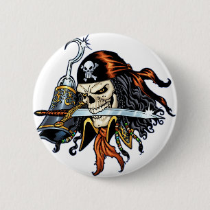 Skull Pirate met zwaard en haak door Al Rio Ronde Button 5,7 Cm