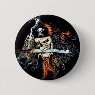 Skull Pirate met zwaard en haak door Al Rio Ronde Button 5,7 Cm