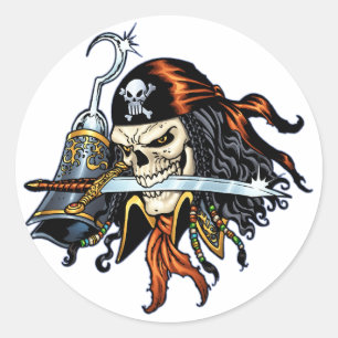 Skull Pirate met zwaard en haak door Al Rio Ronde Sticker
