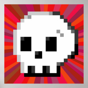 Skull pixel art. 8 bit psychedelic red Poster