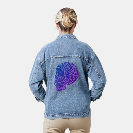 Skull Print Denim Jacket In Purples and Blues (Model)