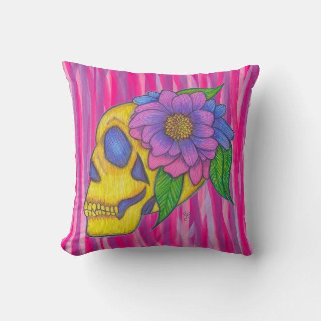 Skull Print Pillow With Yellow Pink Purple  Kussen (Voorkant)