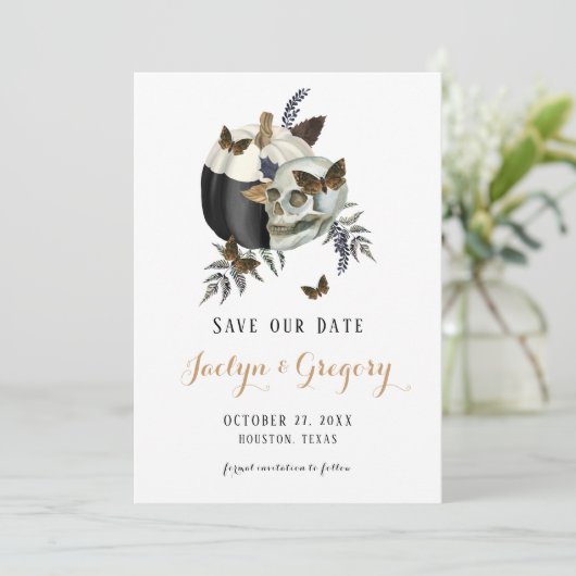 Skull Pumpkin Butteflies Gothic Save The Date (Staand voorkant)