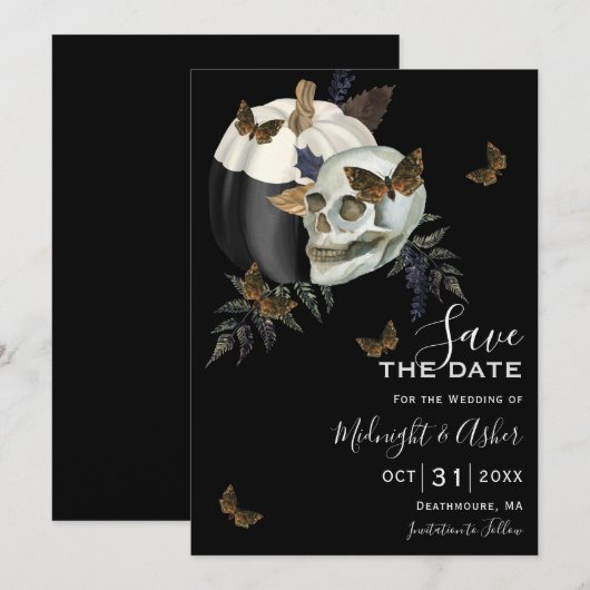 Skull Pumpkin Halloween Save the Date Invitation Kaart (Voorkant / Achterkant)