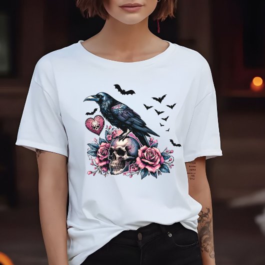 Skull & Raven vleermuizen Rozen Design Roze T-shirt