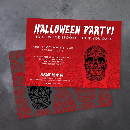Skull Red Black Halloween Party Kaart