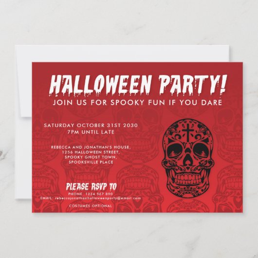 Skull Red Black Halloween Party Kaart (Voorkant)