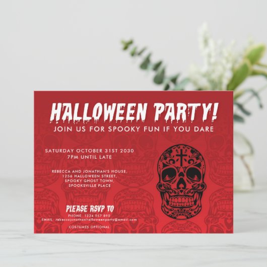 Skull Red Black Halloween Party Kaart (Staand voorkant)