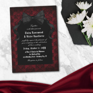 Skull Red Damask Black Bow Gothic Wedding Kaart