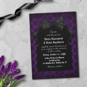 Skull Red Damask Black Bow Gothic Wedding Kaart