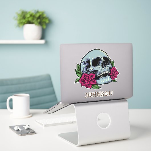 Skull Red Roses Modern Gotisch Sticker (Laptop op bureau)