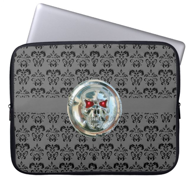 SKULL RIDERS DAMASK grijs zwart Laptop Sleeve (Voorkant)