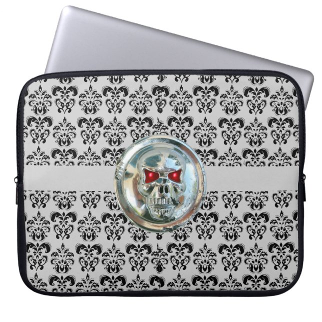 SKULL RIDERS DAMASK grijs zwart Laptop Sleeve (Voorkant)