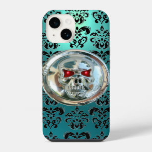 SKULL RIDERS ZWART TEAL BLAUW DAMAST BLOEMEN iPhone 14 HOESJE