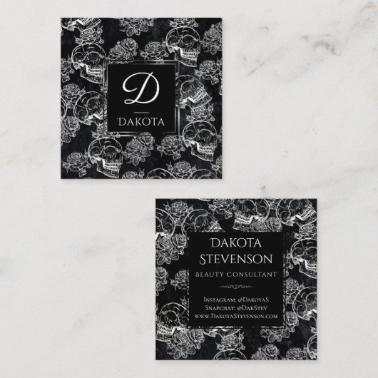 Skull Roos Chalk | Monogram Funky Gothic Grunge Vierkante Visitekaartje (Voorkant / Achterkant)