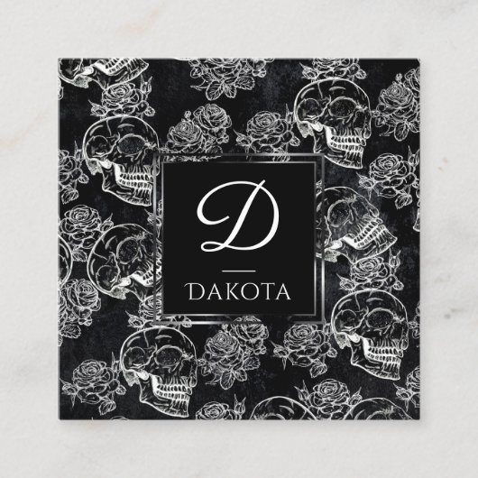 Skull Roos Chalk | Monogram Funky Gothic Grunge Vierkante Visitekaartje (Voorkant)