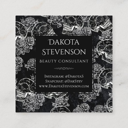 Skull Roos Chalk | Monogram Funky Gothic Grunge Vierkante Visitekaartje (Achterkant)