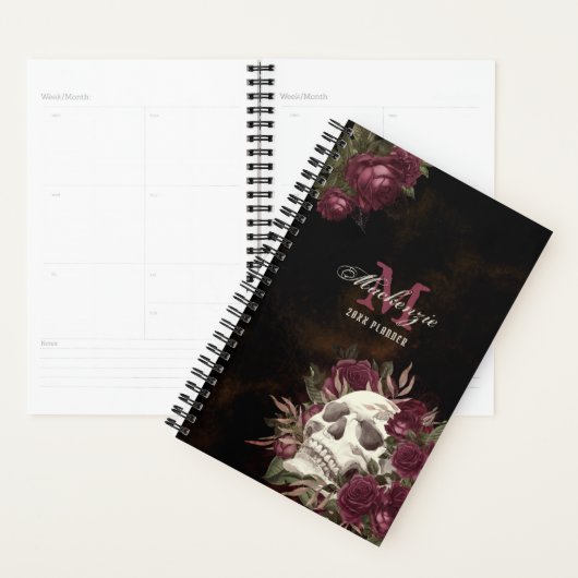 Skull Roos Monogram Naam Burgundy Grunge Donker Ni Planner (Display)