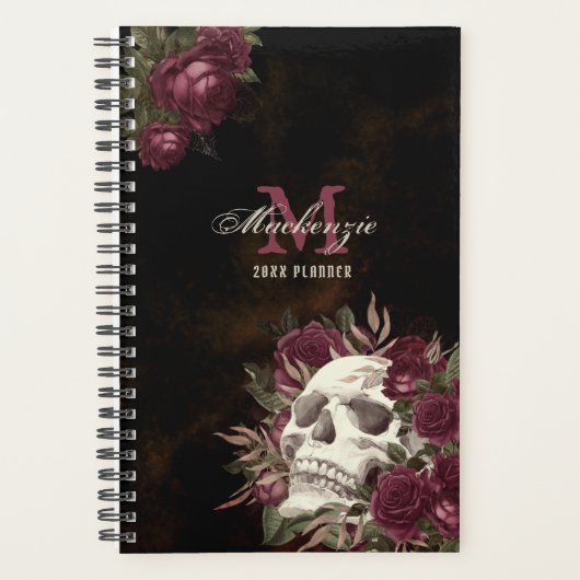 Skull Roos Monogram Naam Burgundy Grunge Donker Ni Planner (Voorkant)