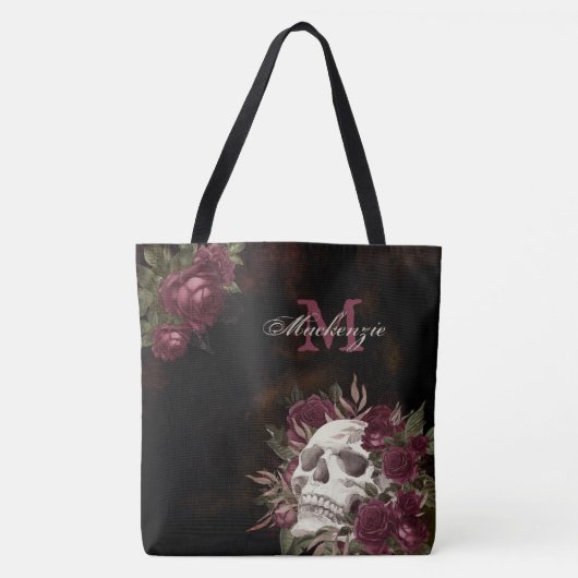 Skull Roos Monogram Name Burgundy Black Grunge Tote Bag (Voorkant)