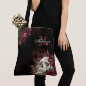 Skull Roos Monogram Name Burgundy Black Grunge Tote Bag (Dichtbij)