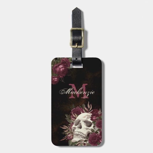 Skull Roos Monogram Name Burgundy Grunge Dark Bagagelabel (Voorkant verticaal)