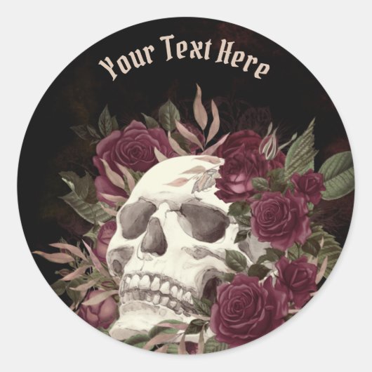 Skull Rozen Burgundy Black Grunge Personalized Cla Ronde Sticker (Voorkant)
