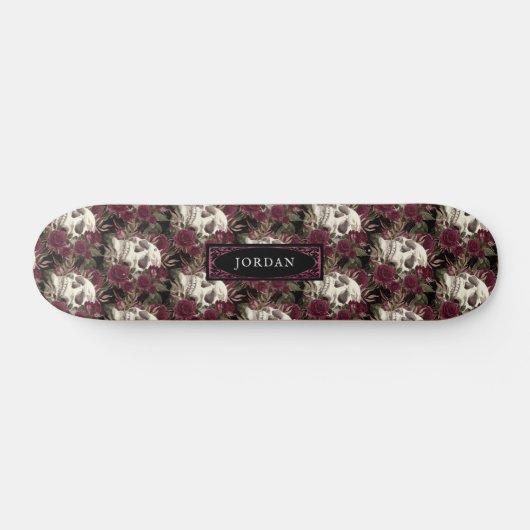 Skull Rozen Burgundy Black Pattern, gepersonalisee Persoonlijk Skateboard (Horizontaal)