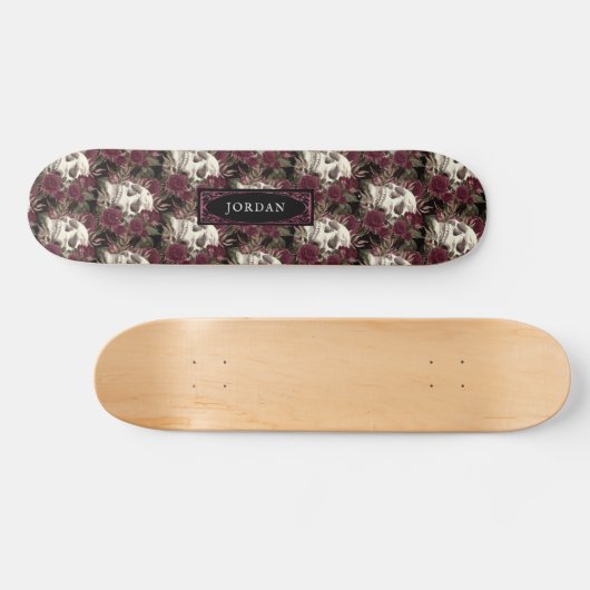 Skull Rozen Burgundy Black Pattern, gepersonalisee Persoonlijk Skateboard (Horizontaal)
