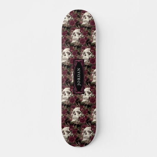 Skull Rozen Burgundy Black Pattern, gepersonalisee Persoonlijk Skateboard (Voorkant)