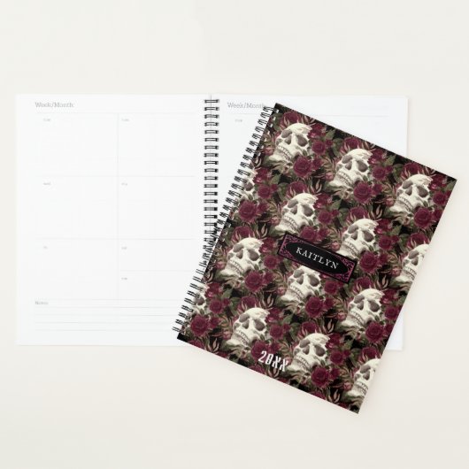 Skull Rozen Burgundy Black Pattern, gepersonalisee Planner (Display)