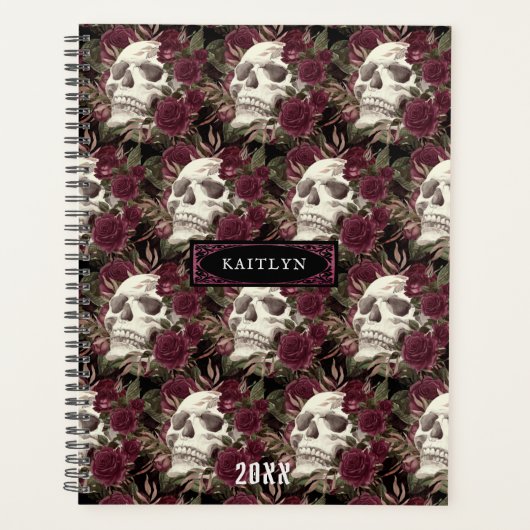 Skull Rozen Burgundy Black Pattern, gepersonalisee Planner (Voorkant)