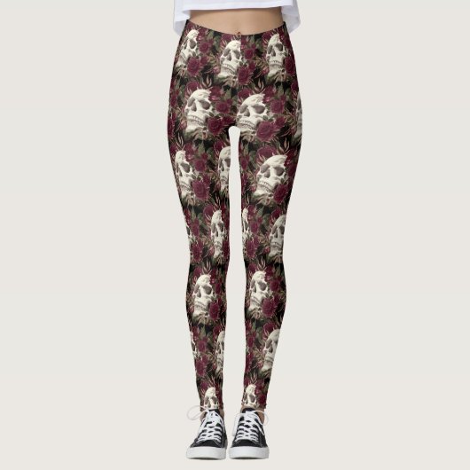 Skull Rozen Burgundy Black Pattern Personalized Sk Leggings (Voorkant)