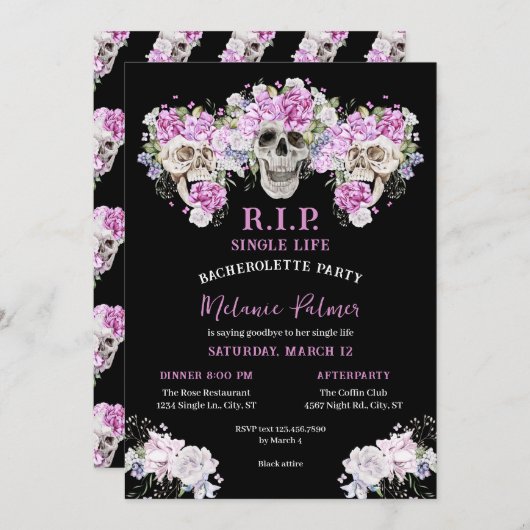 Skull & Rozen R.I.P. vrijgezellenfeest uitnodiging (Voorkant / Achterkant)