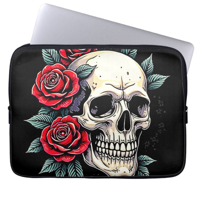 Skull Rozen Tattoo Art Laptop Sleeve (Voorkant)