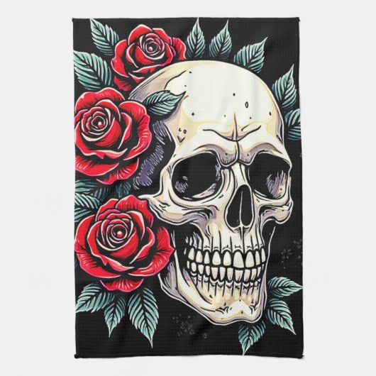 Skull Rozen Tattoo Art Theedoek (Verticaal)