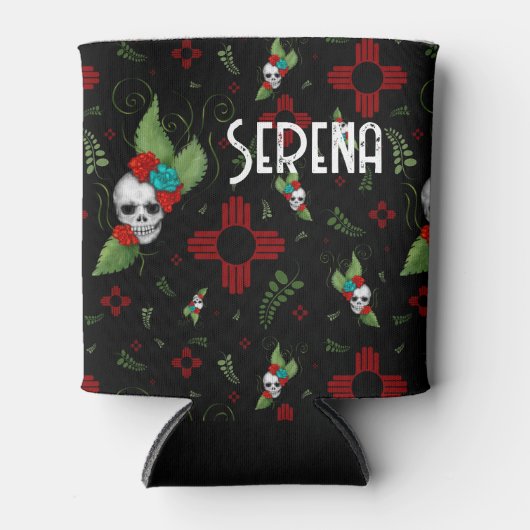 Skull Rozen Zia Sun Greenery Zwart Nieuw Mexico Blikjeskoeler (Voorkant)